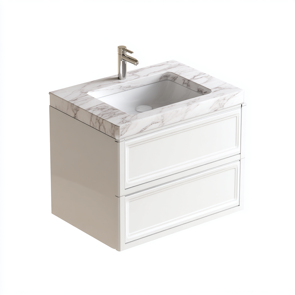 Meuble vasque suspendu 60x45x50 cm - blanc-marbre - design classique - adapté pour salle de bain-Warmthovae