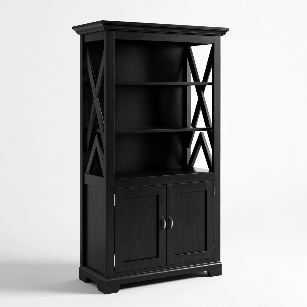 Bibliothèque en bois MDF 88x38x190 cm - noir - avec portes basses et côtés à croisillons - style farmhouse élégant - adaptée au salon et au bureau-Warmthovae