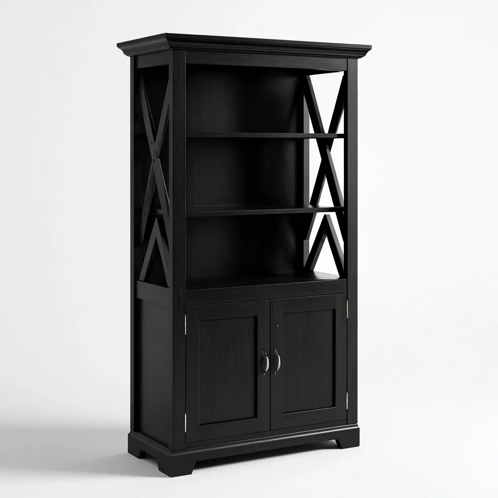 Bibliothèque en bois MDF 88x38x190 cm - noir - avec portes basses et côtés à croisillons - style farmhouse élégant - adaptée au salon et au bureau-Warmthovae
