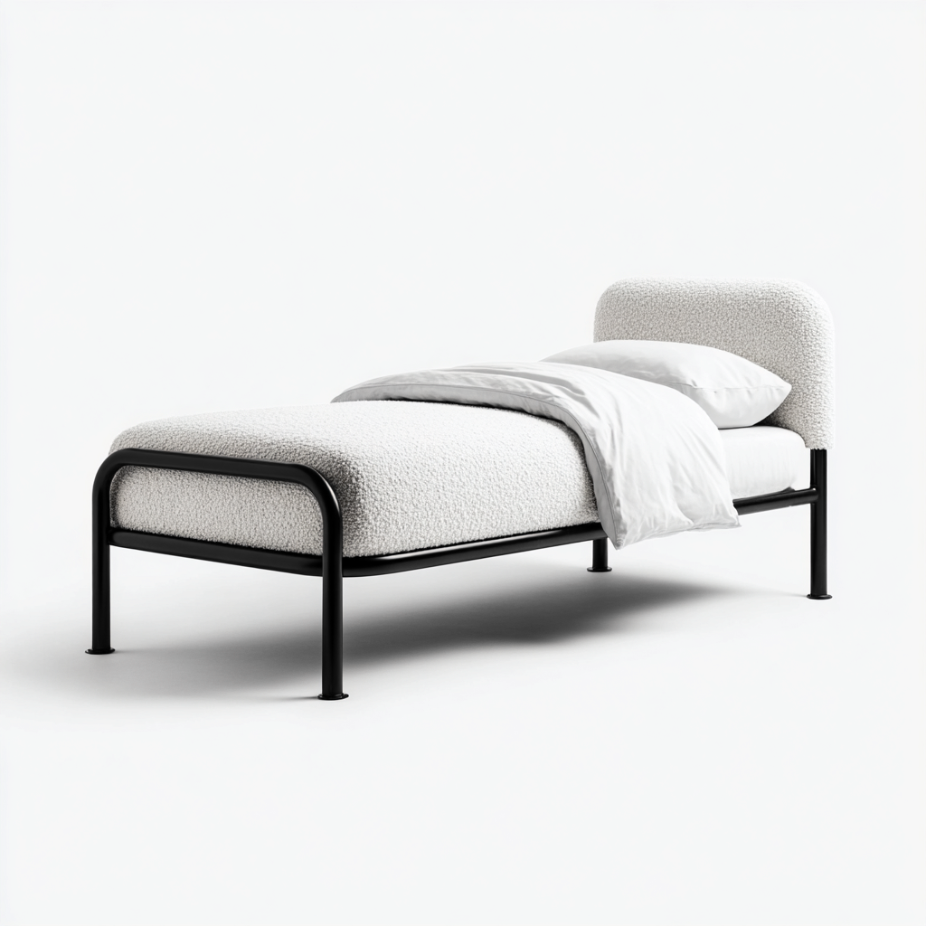 Lit simple en métal et tissu bouclé 200x90x80 cm - blanc-noir - design moderne - adapté pour chambre-Warmthovae