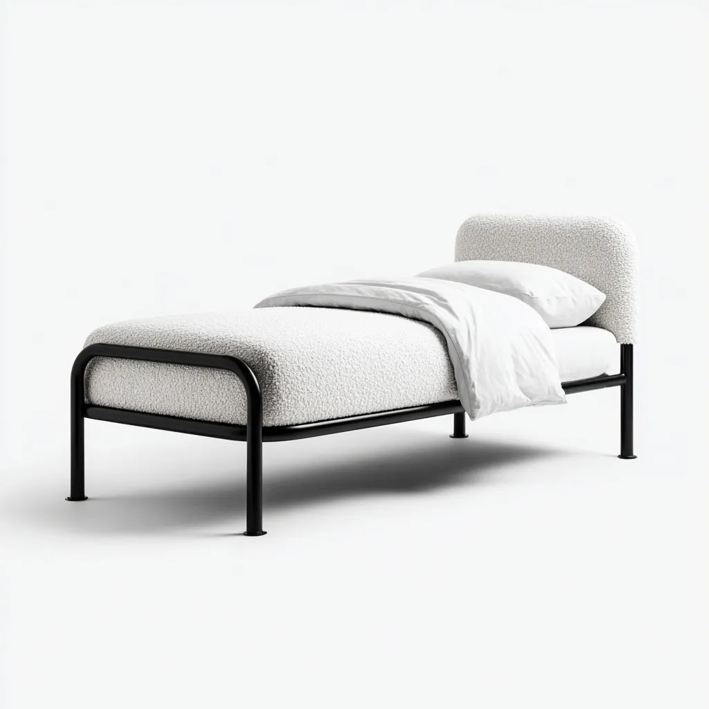 Lit simple en métal et tissu bouclé 200x90x80 cm - blanc-noir - design moderne - adapté pour chambre-Warmthovae