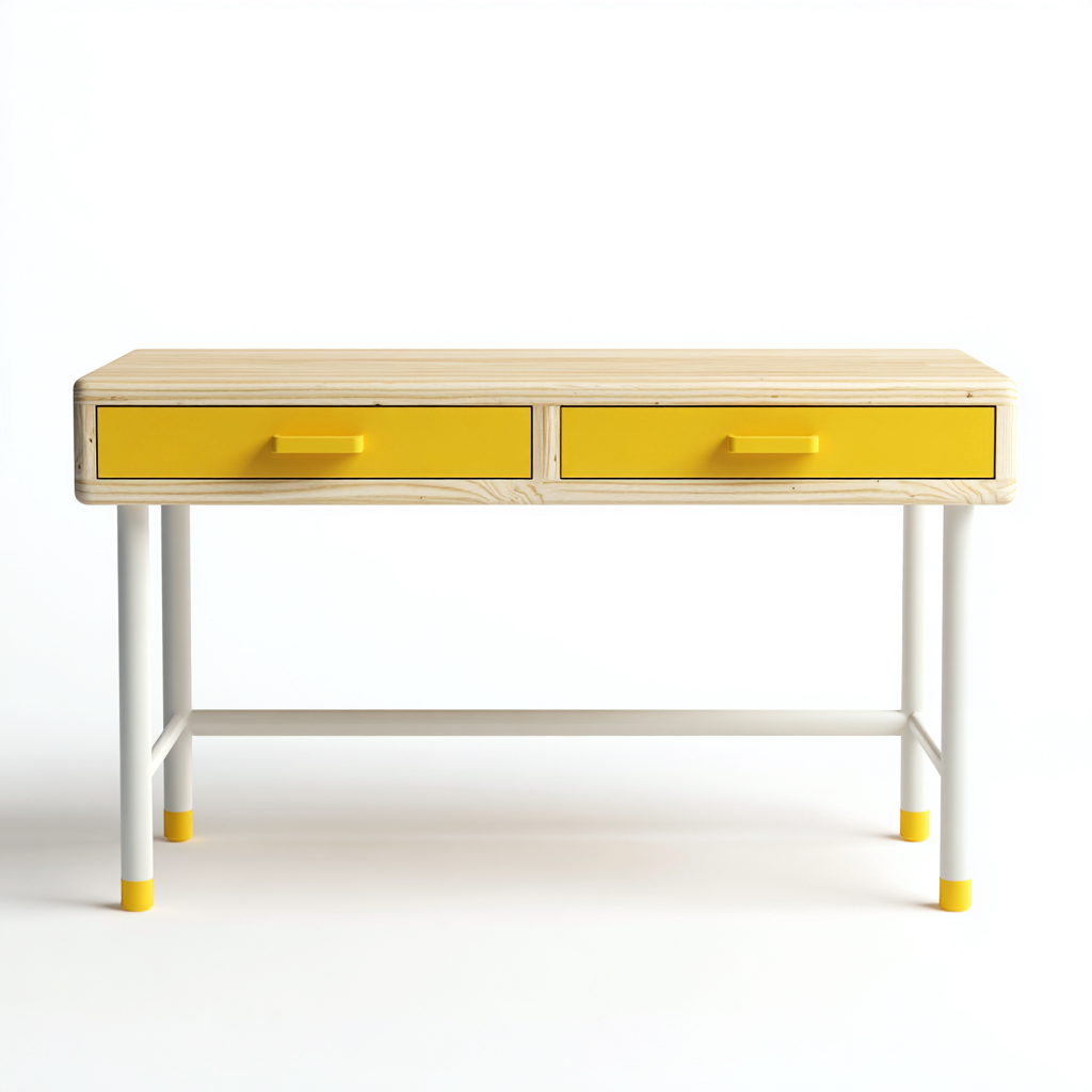 Bureau en bois et métal - 100x45x75 cm - jaune-blanc - pour espace de travail - design moderne-Warmthovae