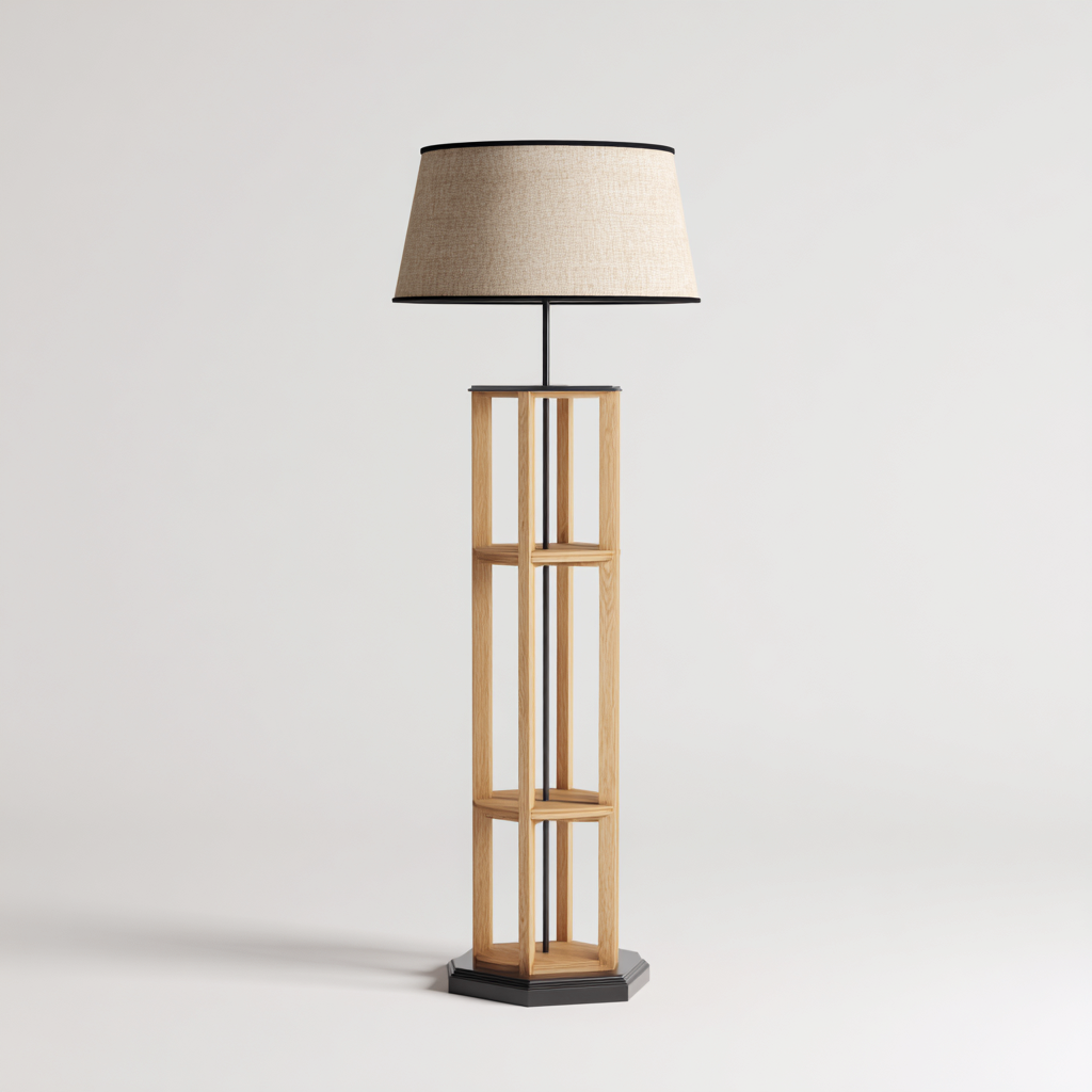 Lampadaire en bois MDF avec étagère 30x30x165 cm - beige-bois naturel-noir - design moderne - idéal pour salon-chambre-Warmthovae