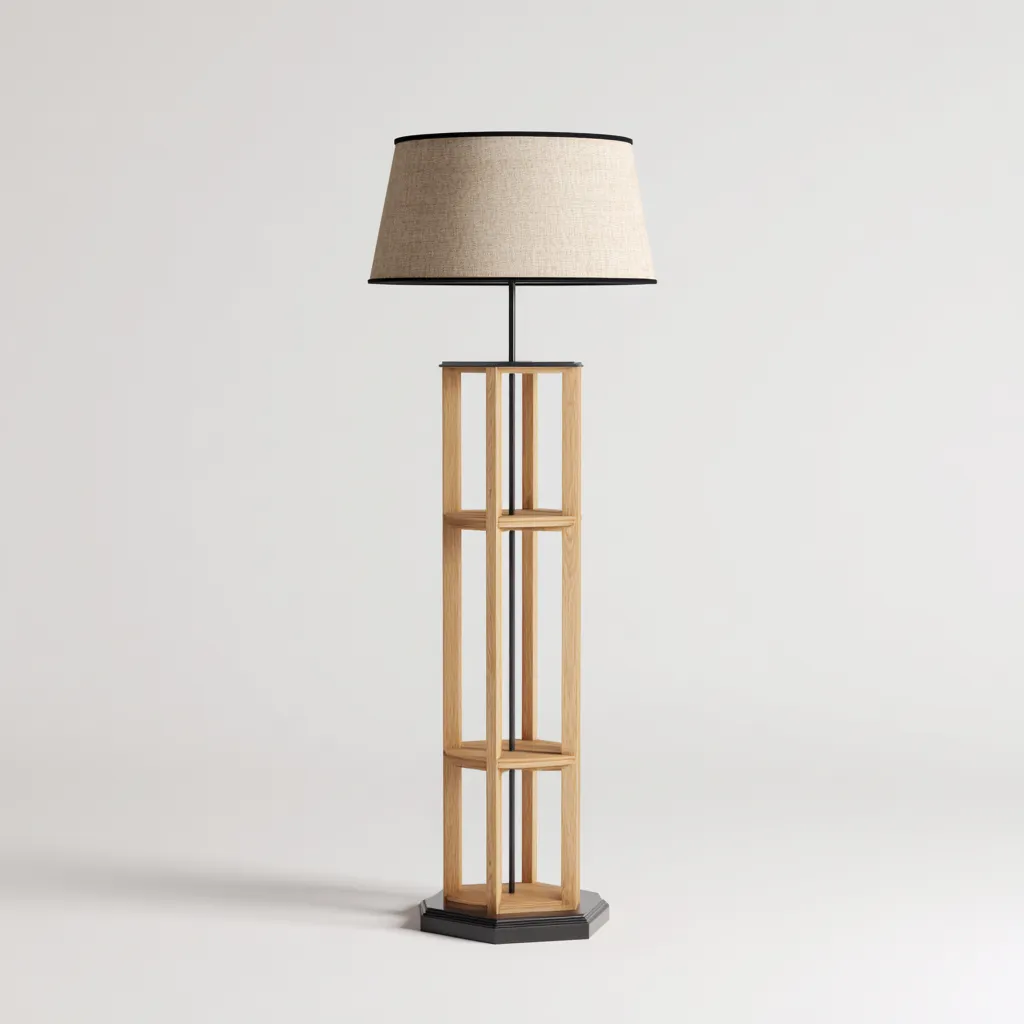 Lampadaire en bois MDF avec étagère 30x30x165 cm - beige-bois naturel-noir - design moderne - idéal pour salon-chambre-Warmthovae