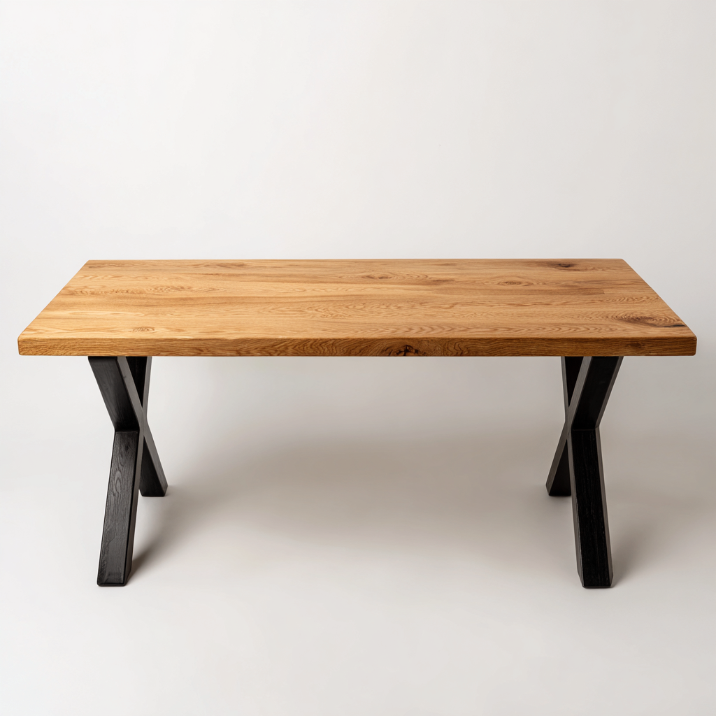 Table à manger rectangulaire en chêne massif 180x90x75 cm - bois naturel-noir - pieds en croix - style industriel - adaptée pour salle à manger-Warmthovae