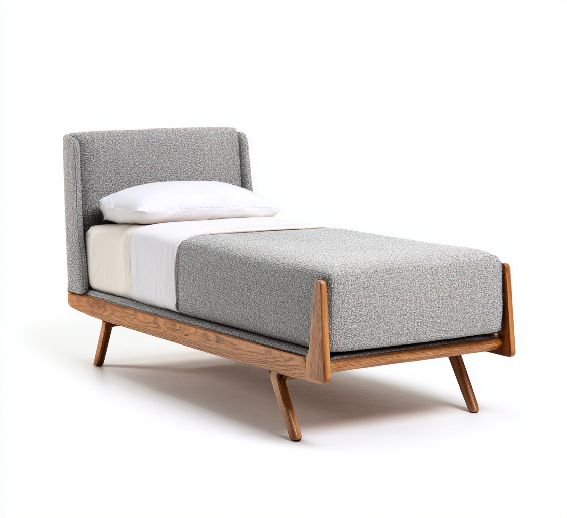 Lit simple en tissu et bois massif 200x98x95 cm - gris-bois naturel - style scandinave - adapté pour chambre-Warmthovae