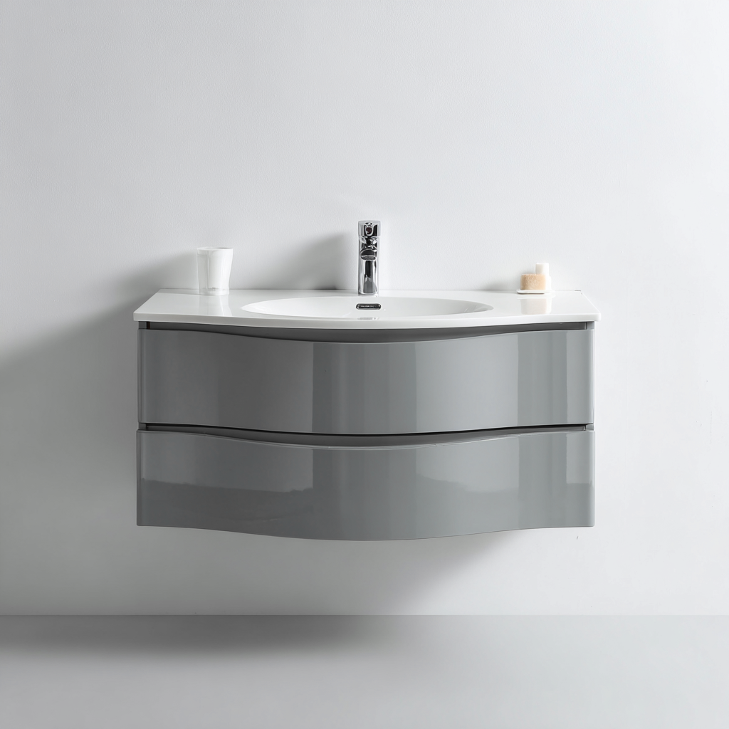 Meuble vasque suspendu 90x45x50 cm - gris brillant - design moderne - adapté pour salle de bain-Warmthovae