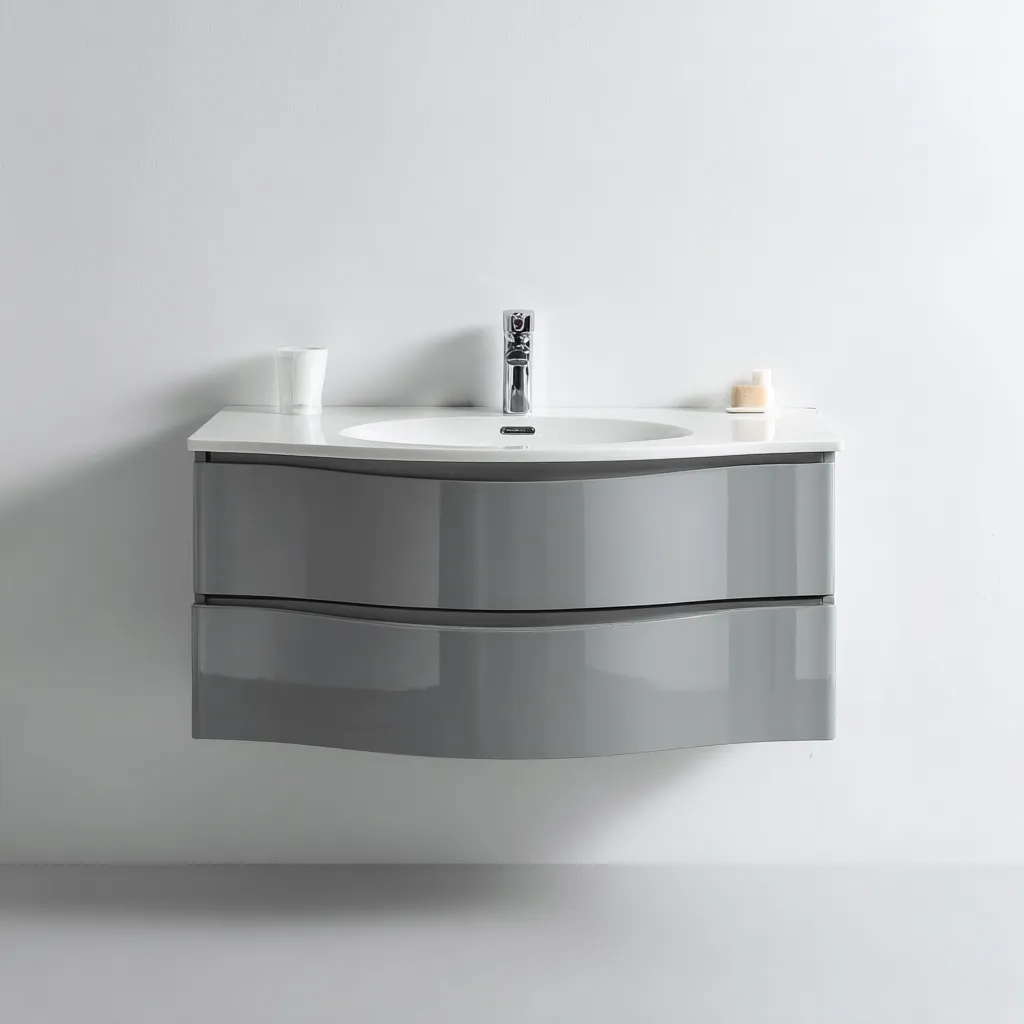 Meuble vasque suspendu 90x45x50 cm - gris brillant - design moderne - adapté pour salle de bain-Warmthovae