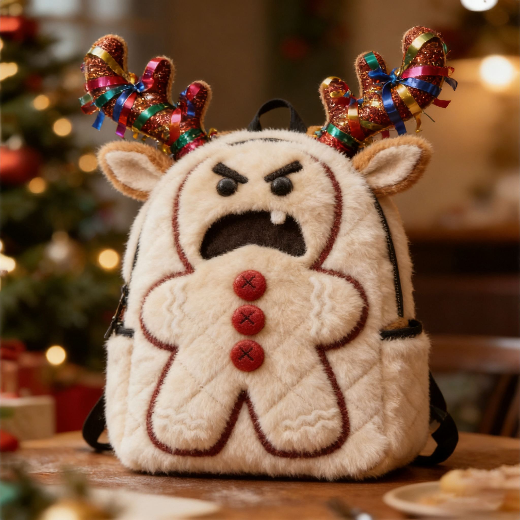 Surprised Gingerbread Man Snowflake Reindeer Furry Backpack