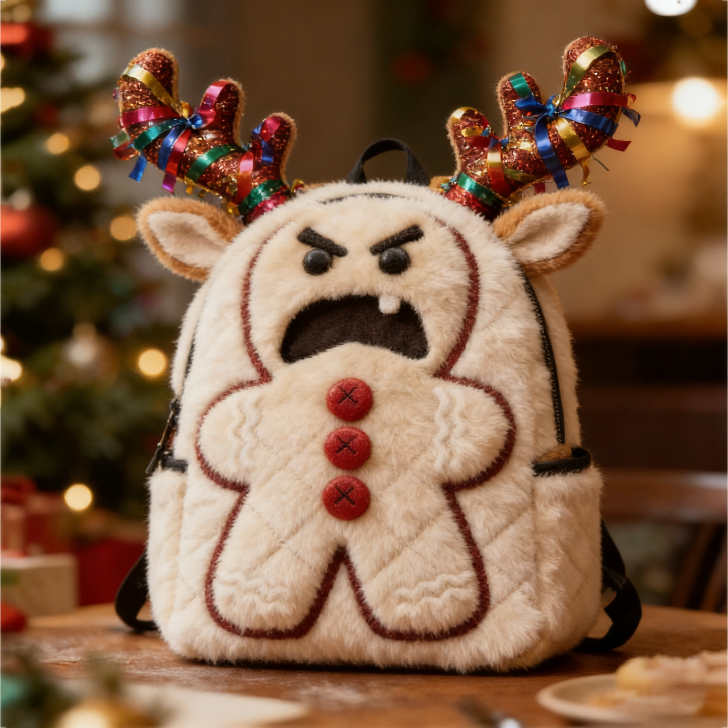 Surprised Gingerbread Man Snowflake Reindeer Furry Backpack