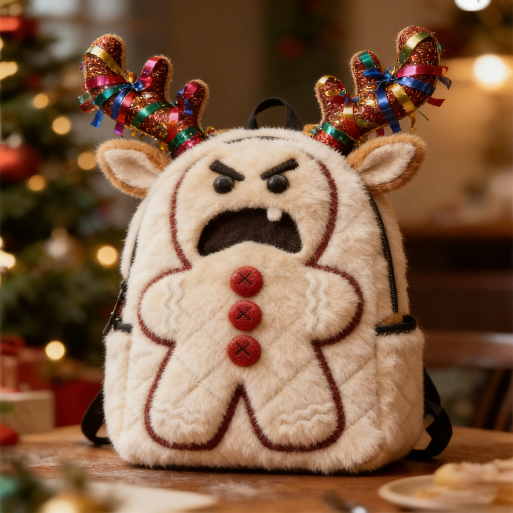Surprised Gingerbread Man Snowflake Reindeer Furry Backpack