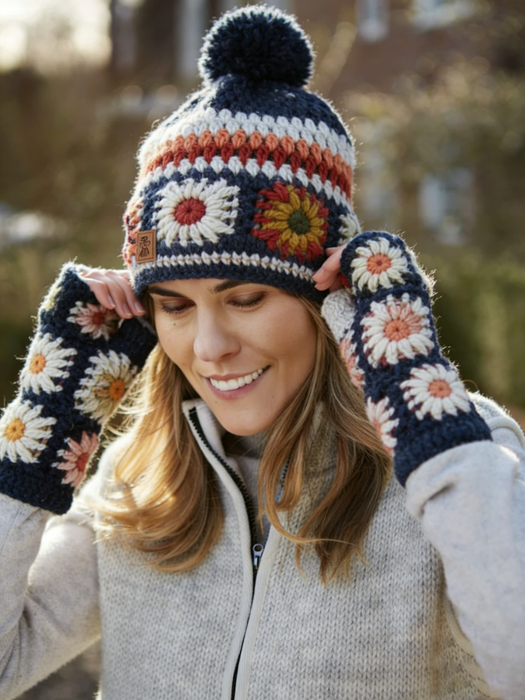 Bohemia Dark Blue Floral Pattern Knit Hat With Matching Gloves Set