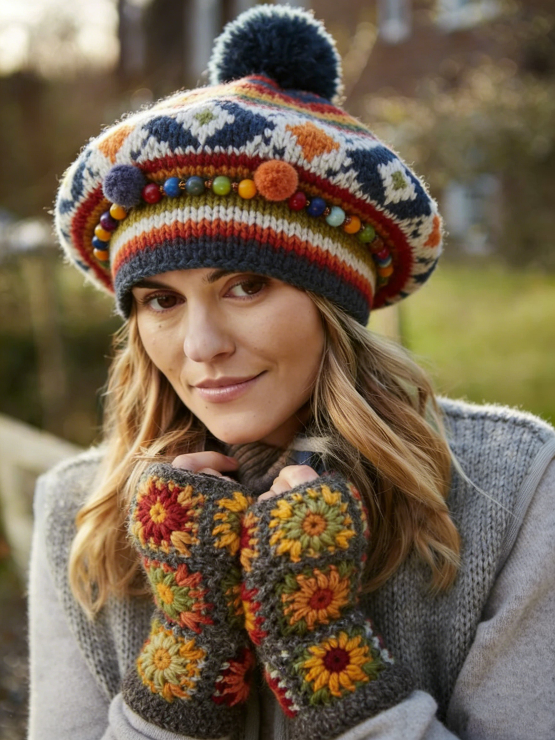 Bohemia Two Piece Set Of Colorful Geometric Pattern Knitted Beret With Flower Gloves