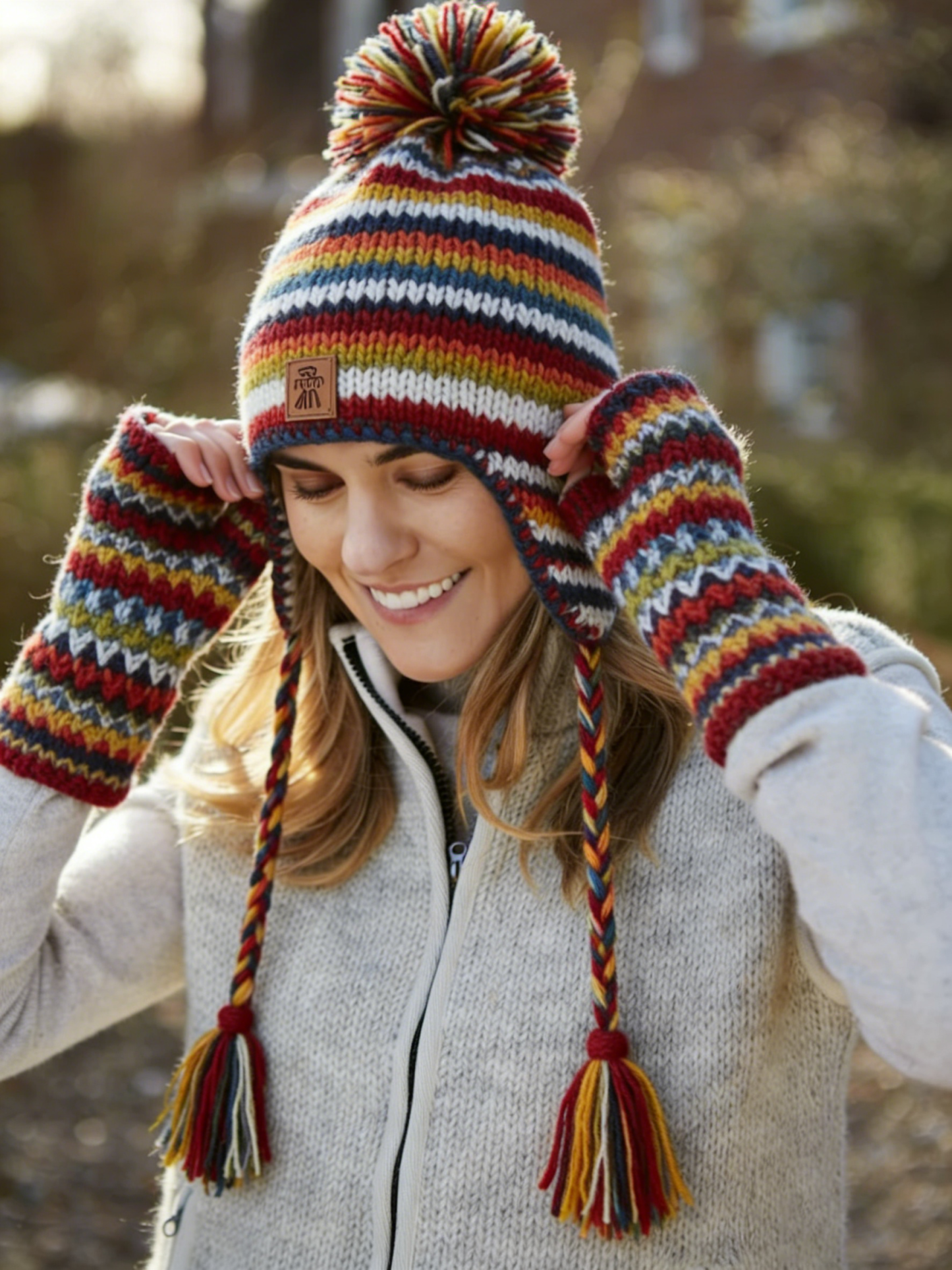 Rainbow Striped Ear Protection Knitted Hat With Tassel Decorative Glov