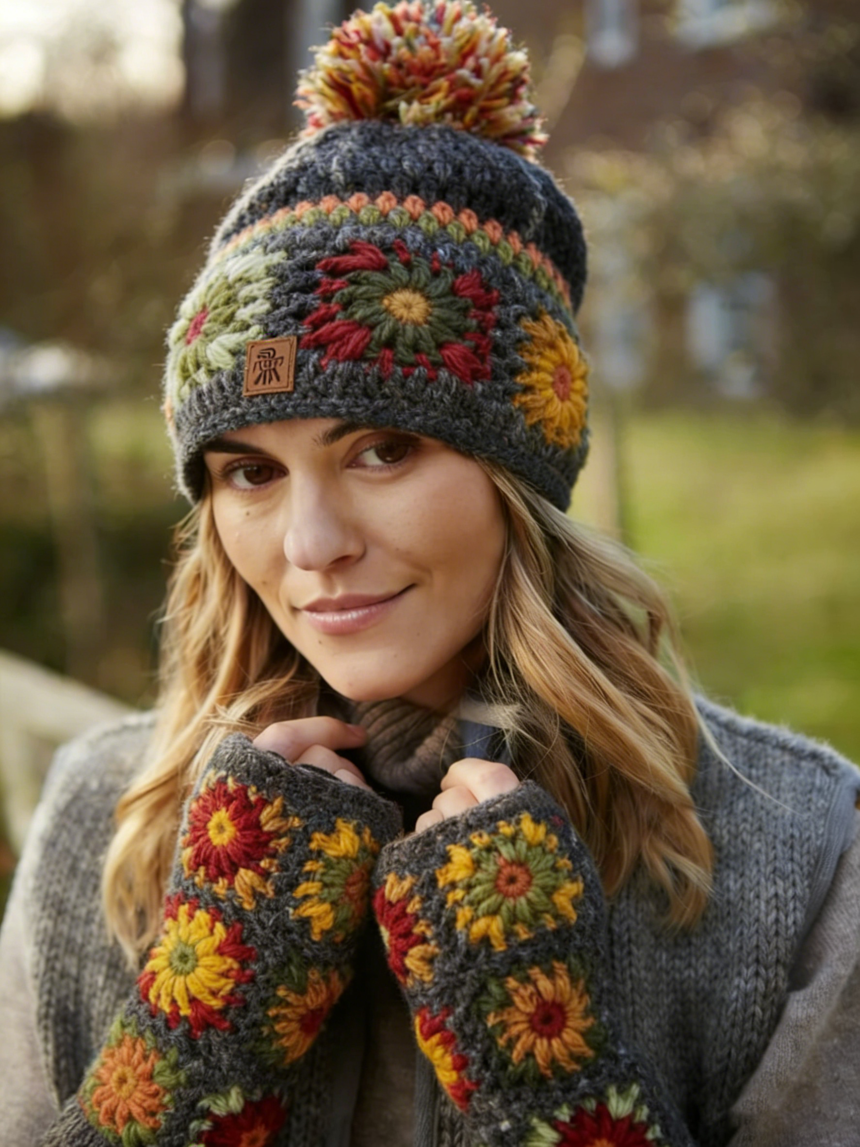 Bohemia Two Piece Set Of Dark Gray Flower Embroidered Knitted Hat With Matching Gloves