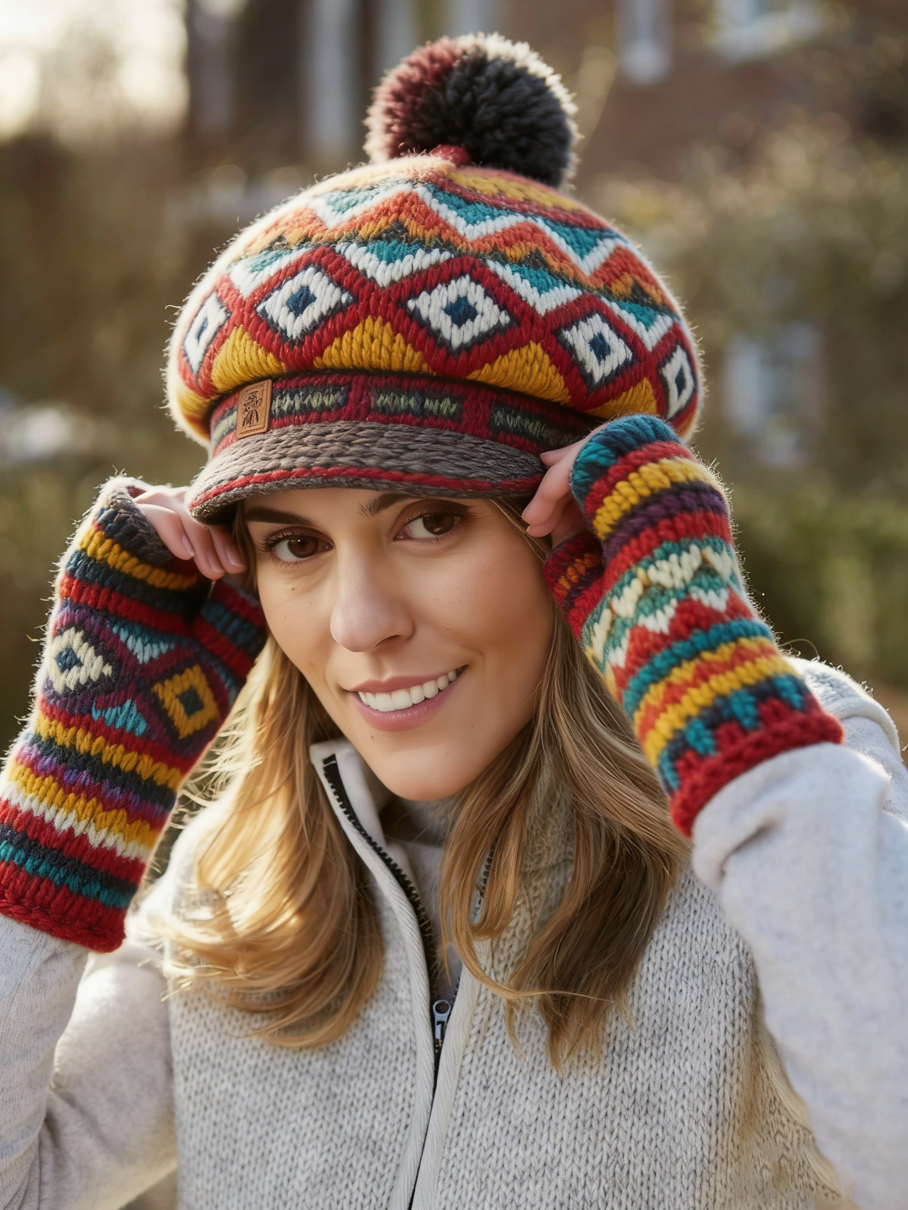 Bohemia Two Piece Set Of Colored Diamond Patterned Knitted Hat With Geometric Patterned Gloves