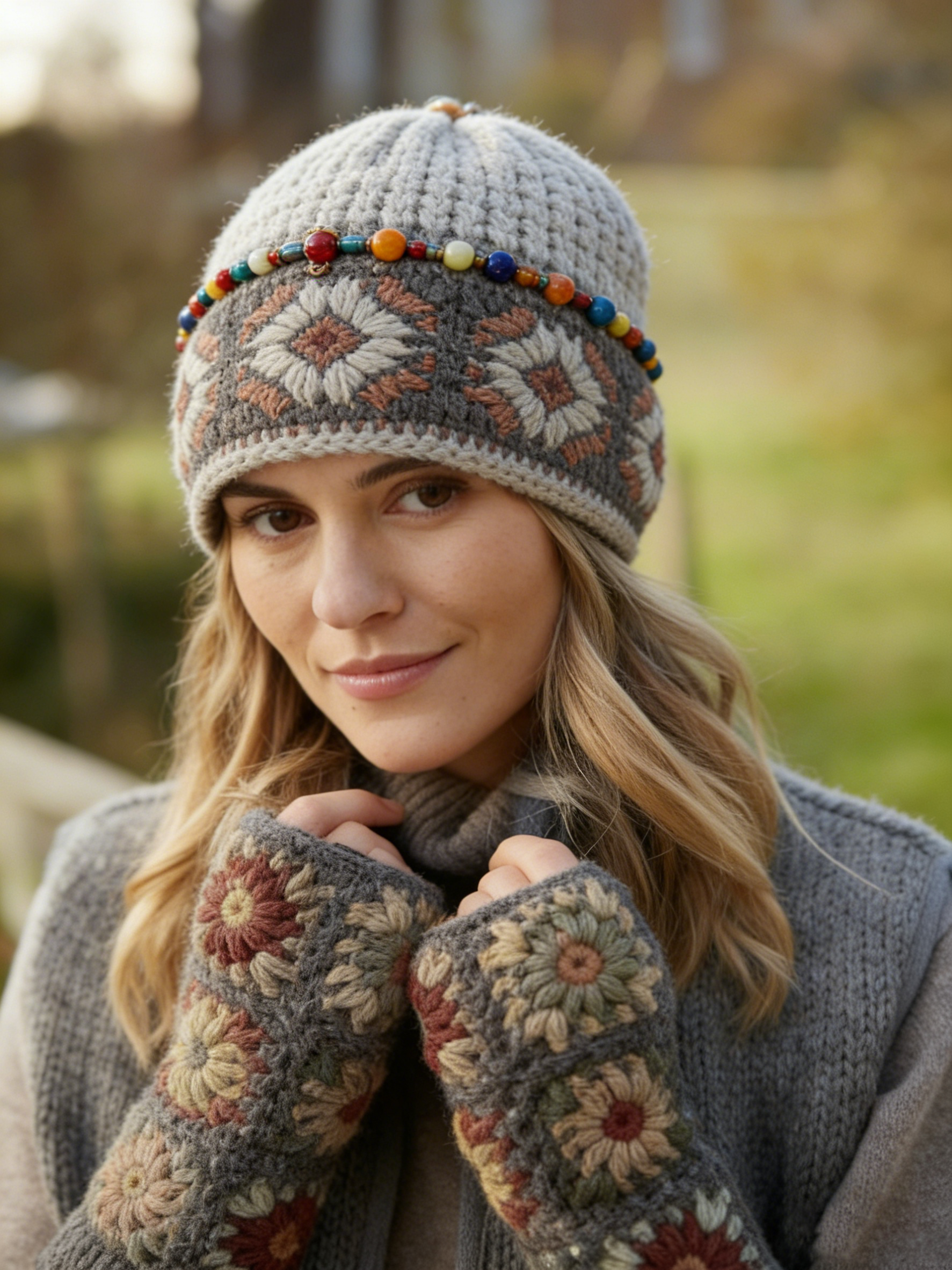 Bohemia Two Piece Set Of Knitted Hat With Light Gray Flower Pattern And Colored Bead Decoration Gloves
