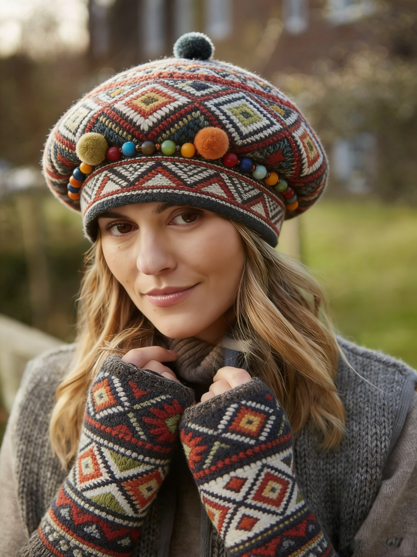 Two Piece Set Of Multi-Color Geometric Pattern Knitted Beret With Matc
