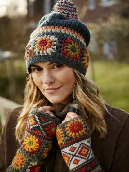 Bohemia Two Piece Set Of Deep Blue Flower Geometric Pattern Knitted Hat With Matching Gloves