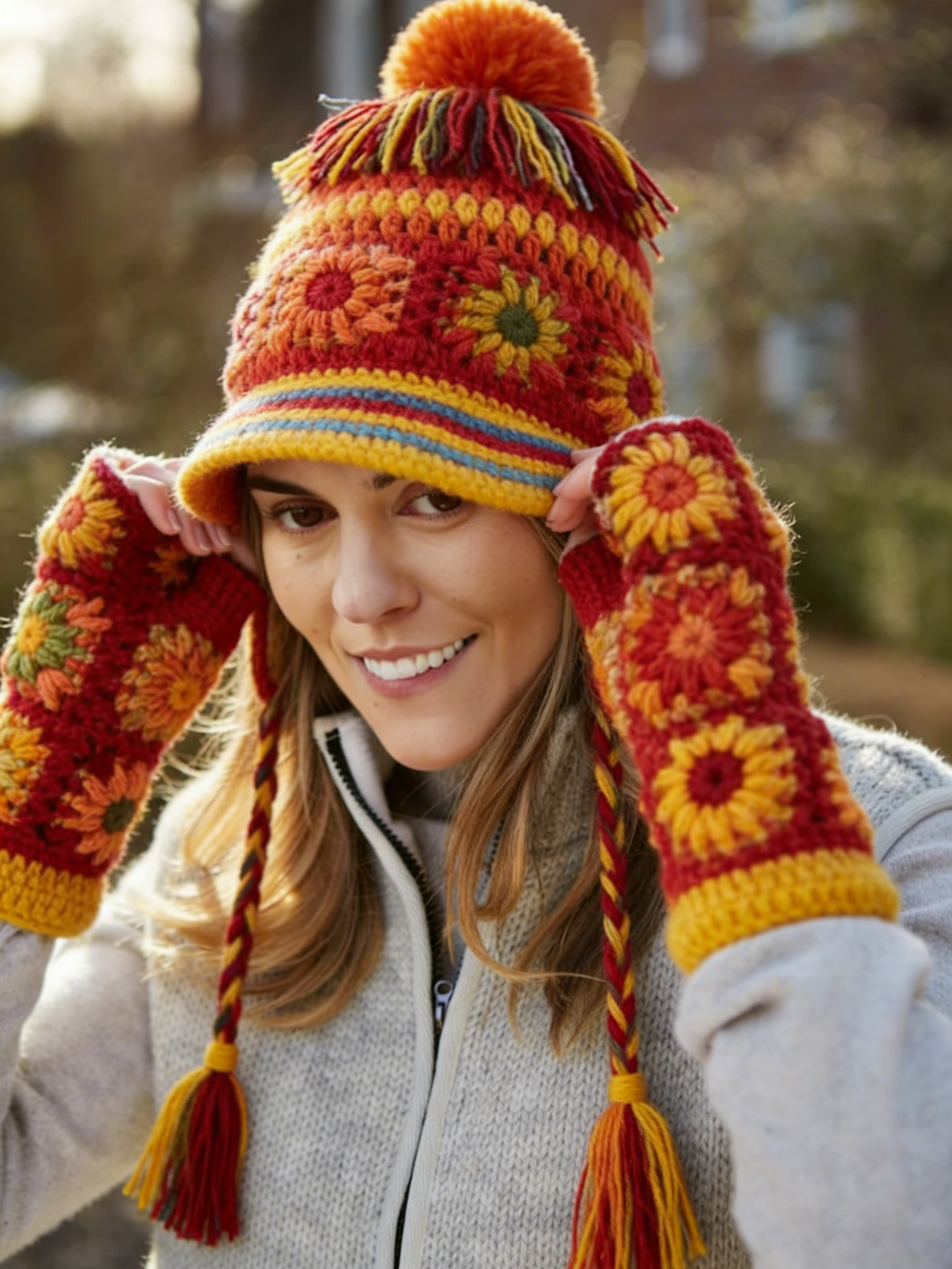 Bohemia Orange Red Flower Pattern Ear Protection Knitted Hat With Matching Glove Set