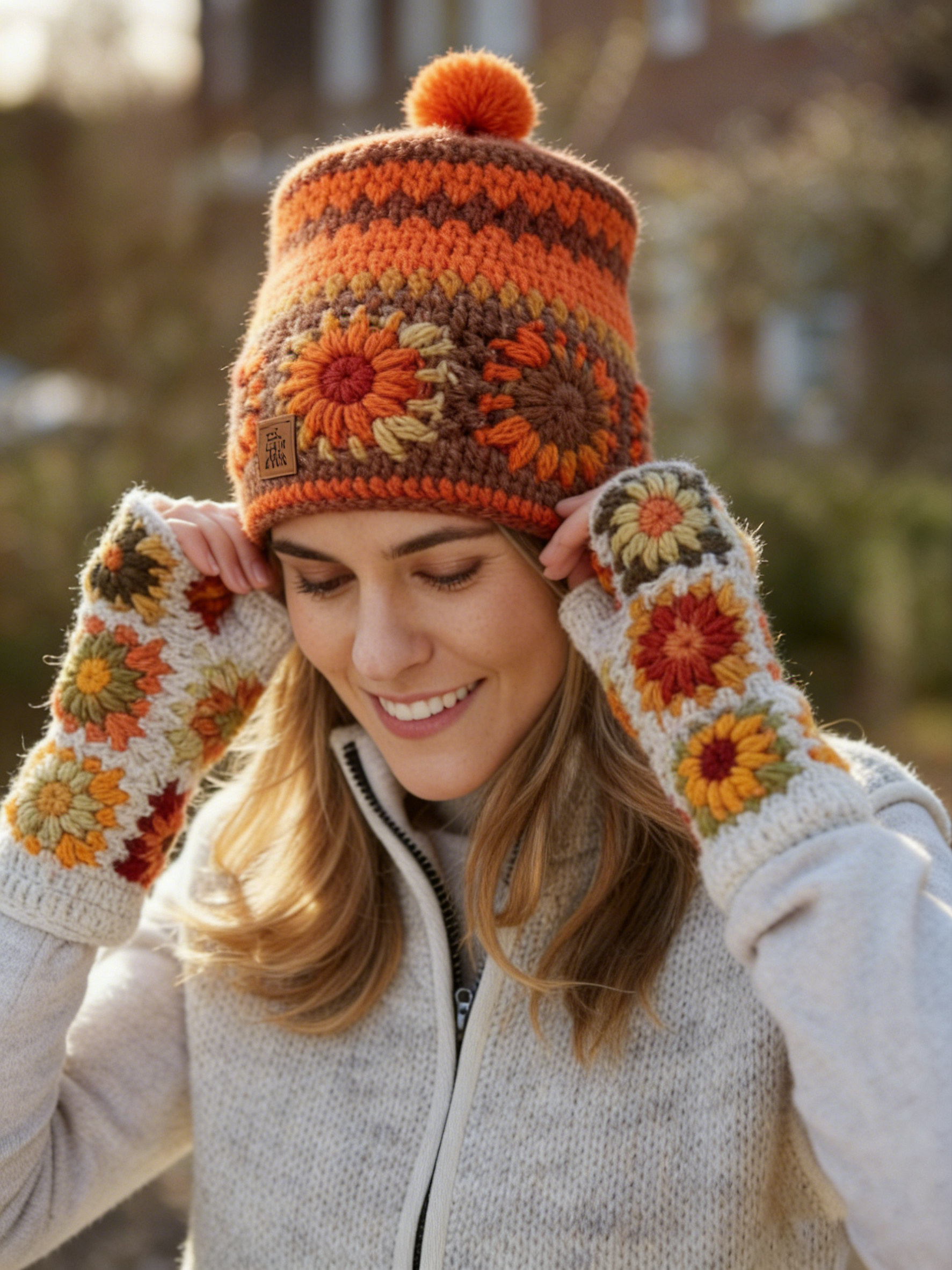 Bohemia Orange Striped Flower Embroidered Knitted Hat With Flower Gloves Set