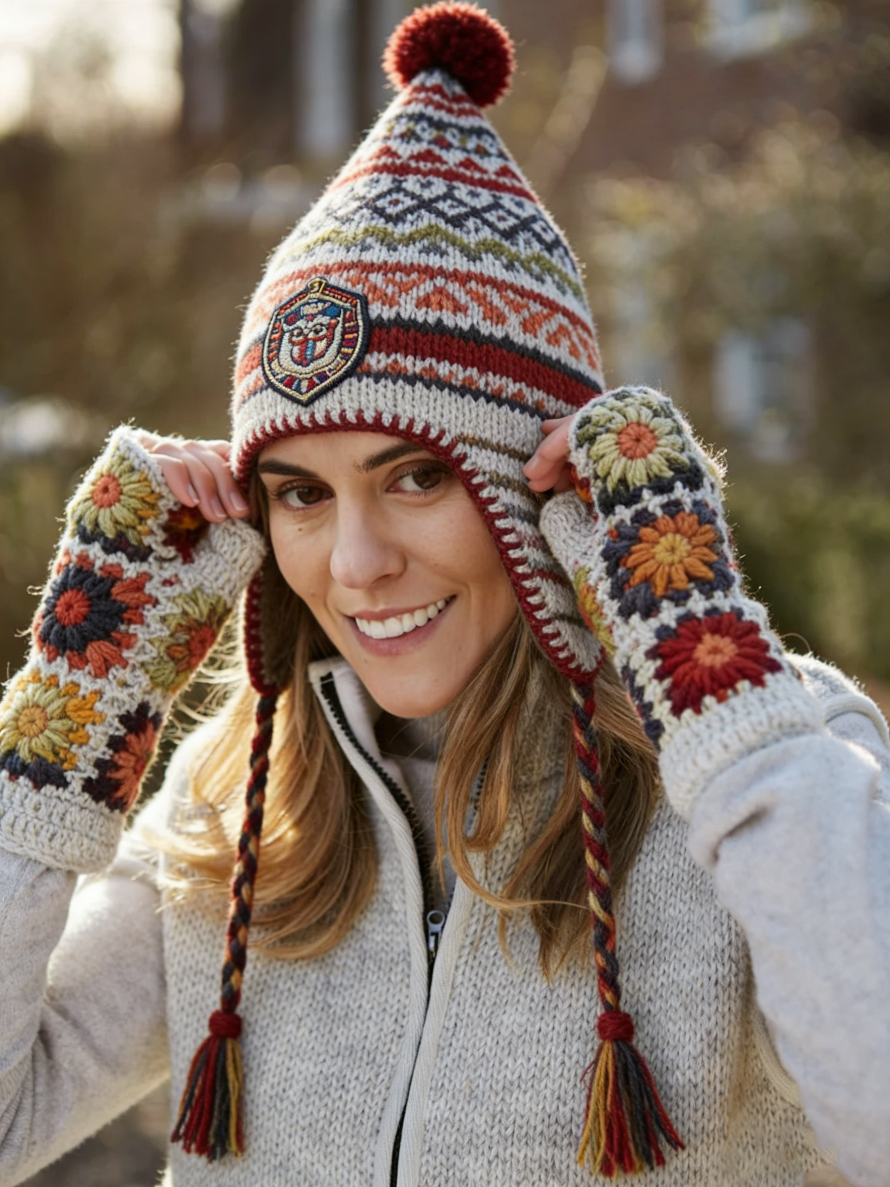 Bohemia Rice White Geometric Pattern Ear Protection Knitted Hat With Badge Decoration Glove Set