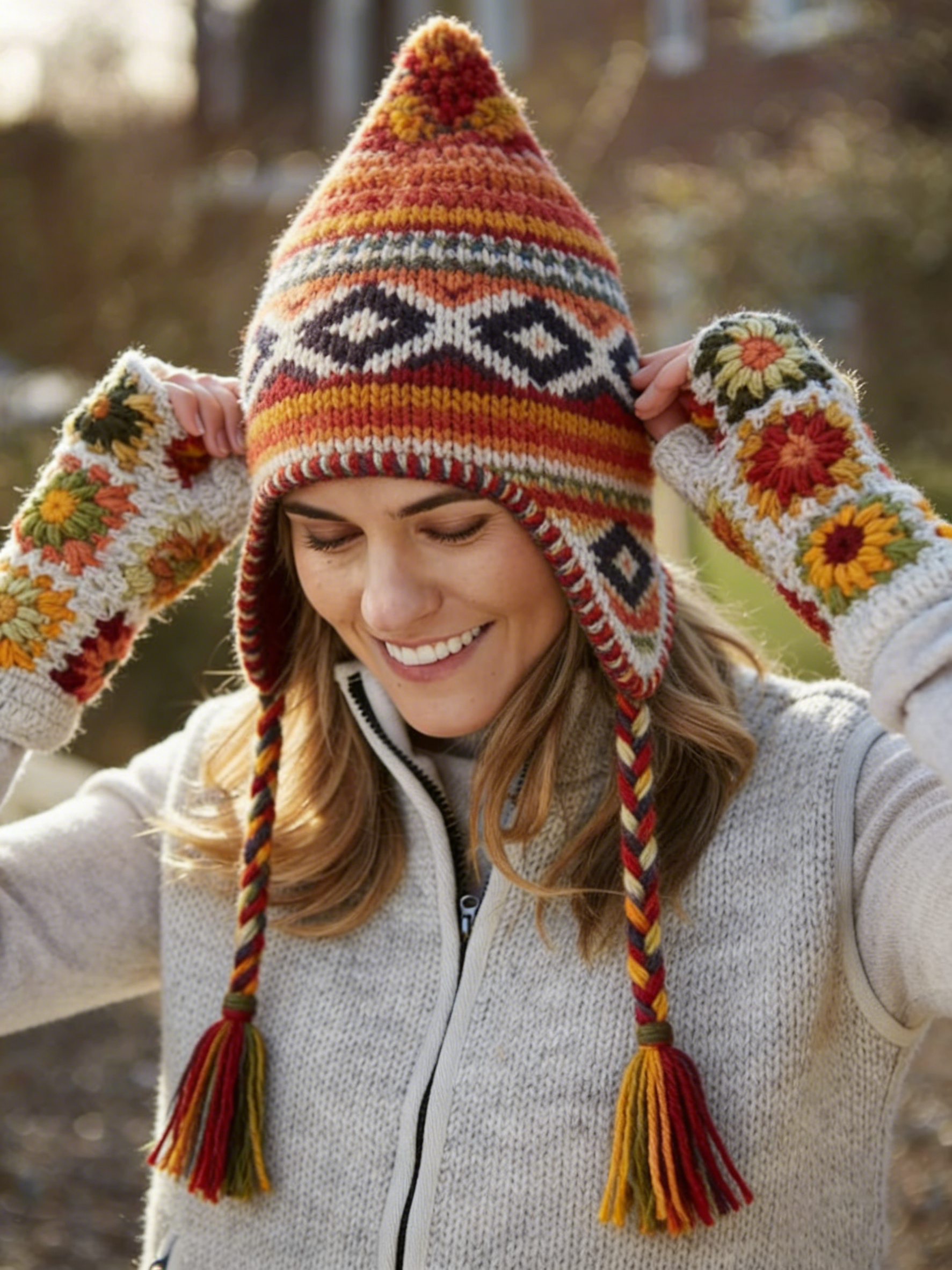 Bohemia Colored Diamond Patterned Ear Protection Knitted Hat With Tassel Gloves Set