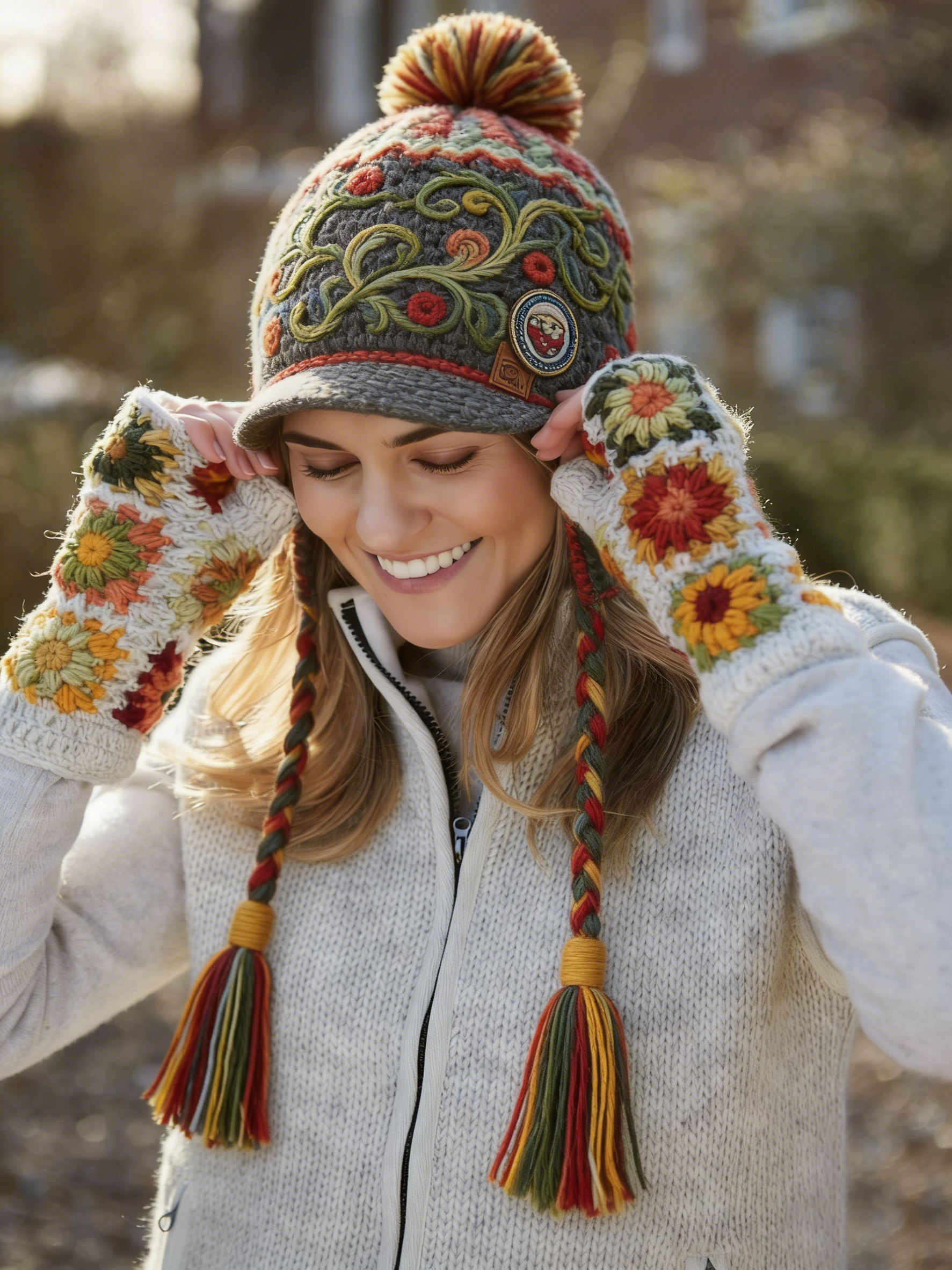 Bohemia Dark Gray Vine Flower Embroidered Knitted Hat With Ear Protection Design And Glove Set