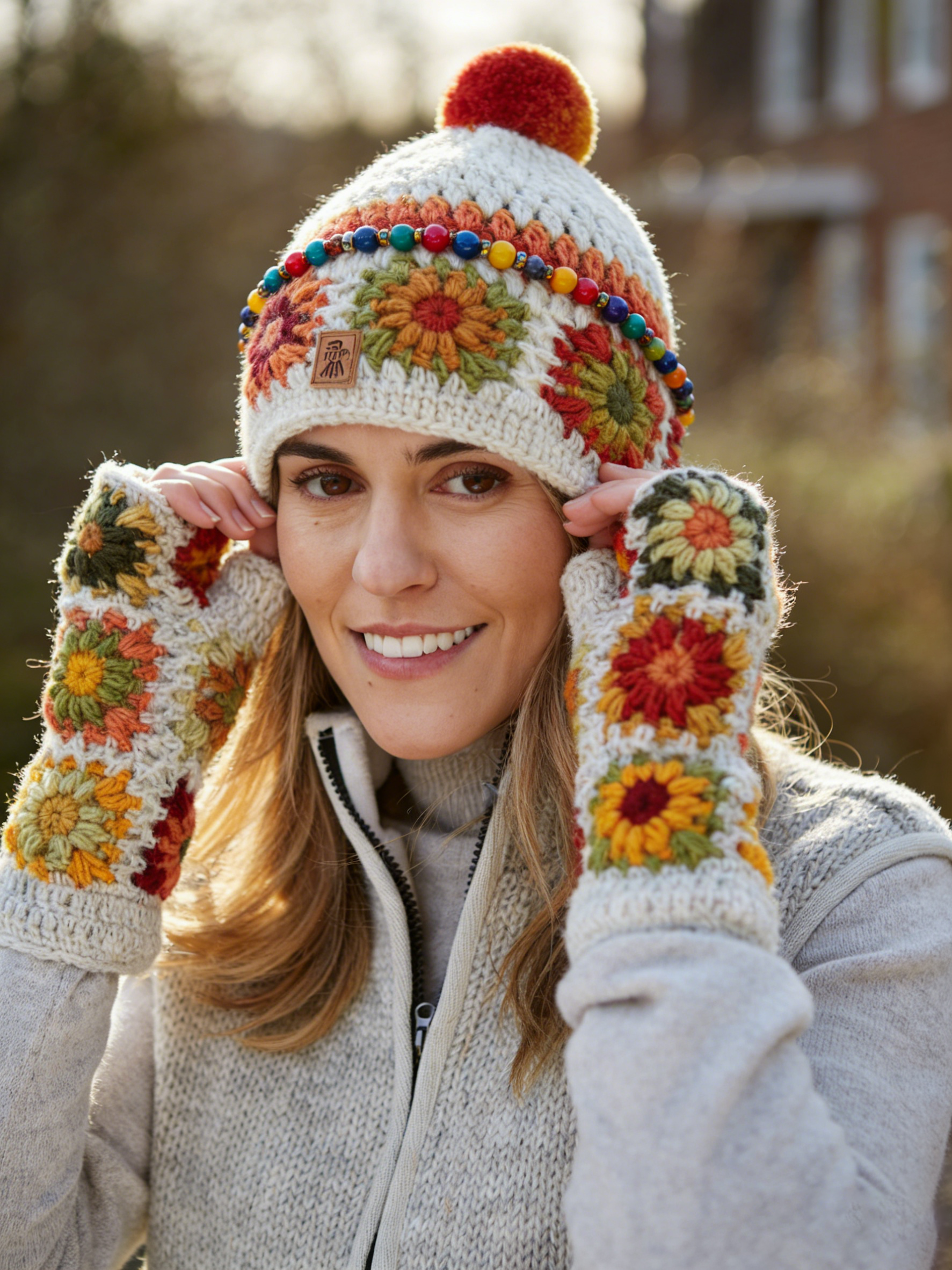 Bohemia Knitted Hat With Beige Flower Pattern And Colorful Bead Decoration, Paired With The Same Glove Set