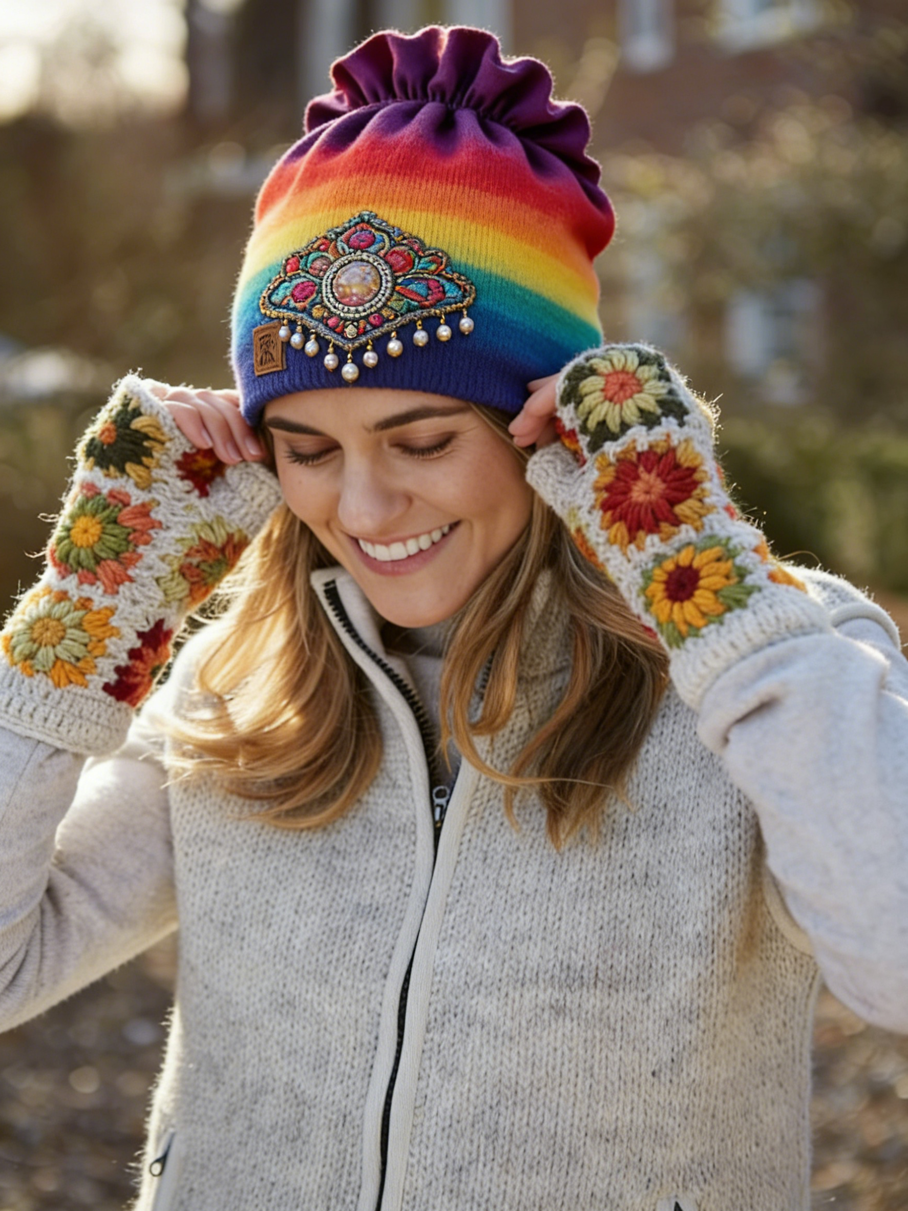 Bohemian Purple Rainbow Striped Knitted Hat With Colorful Flower Gloves Set