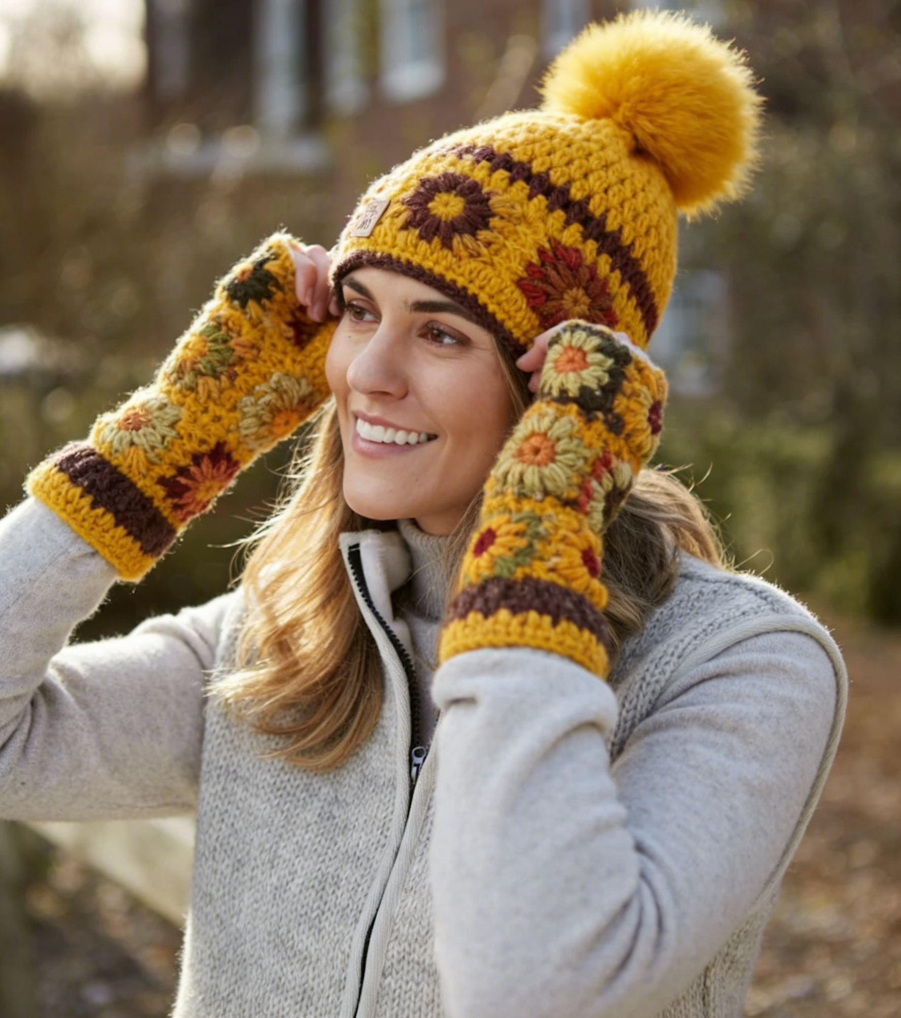 Yellow Flower Pattern Knitted Hat With Yellow Wool Ball Decoration, Sa