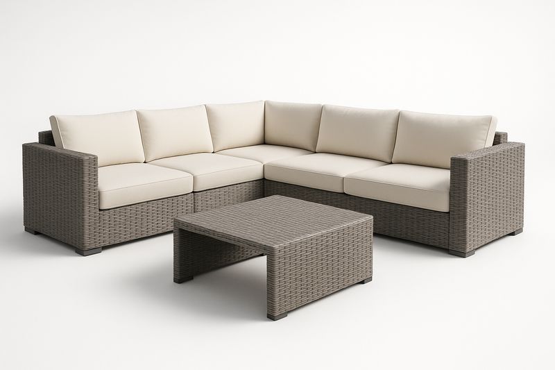 Set divano angolare in rattan sintetico con cuscini in poliestere crema