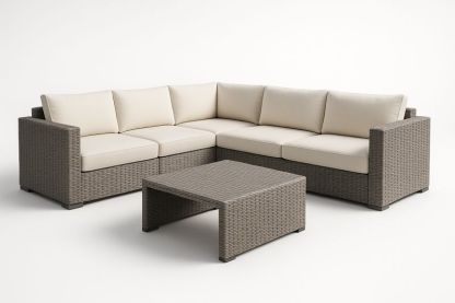 Set divano angolare in rattan sintetico con cuscini in poliestere crema
