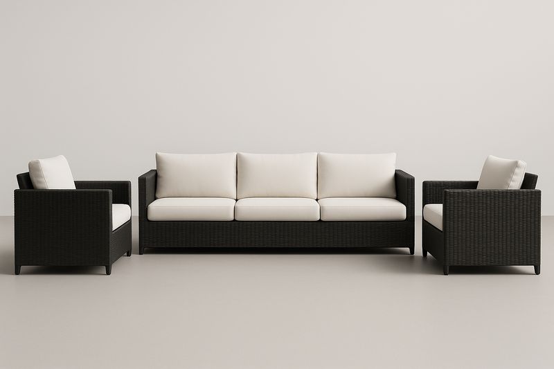 Set divano modulare da esterno in rattan nero con cuscini in tessuto beige