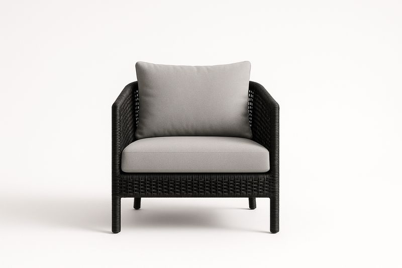 Poltrona in Rattan Sintetico Nero con Cuscini Grigi