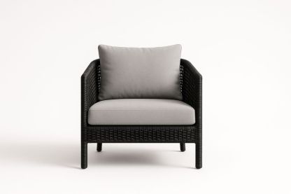 Poltrona in Rattan Sintetico Nero con Cuscini Grigi