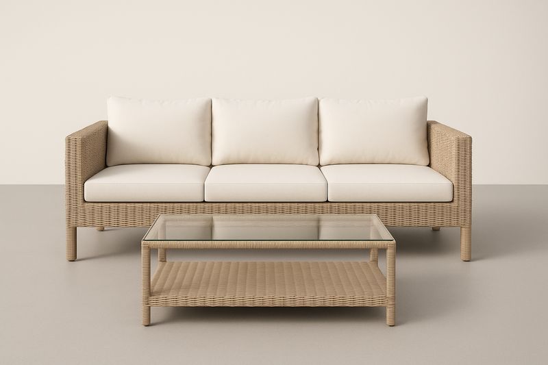 Set Divano da Esterni in Rattan Sintetico e Tavolino con Vetro Temperato