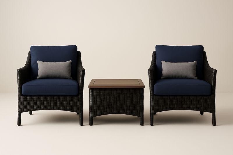 Set salotto esterno in rattan con poltrone e tavolino nero/blu