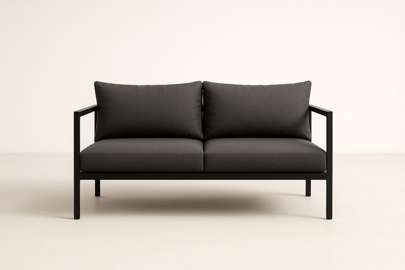 Divano a due posti da esterno con struttura in alluminio e cuscini in poliestere grigio