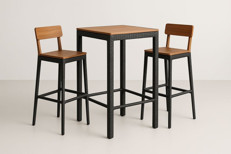 Set tavolo alto quadrato con sedie in alluminio e teak marrone nero