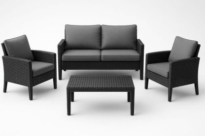 Set salotto in rattan sintetico nero con cuscini in poliestere grigi
