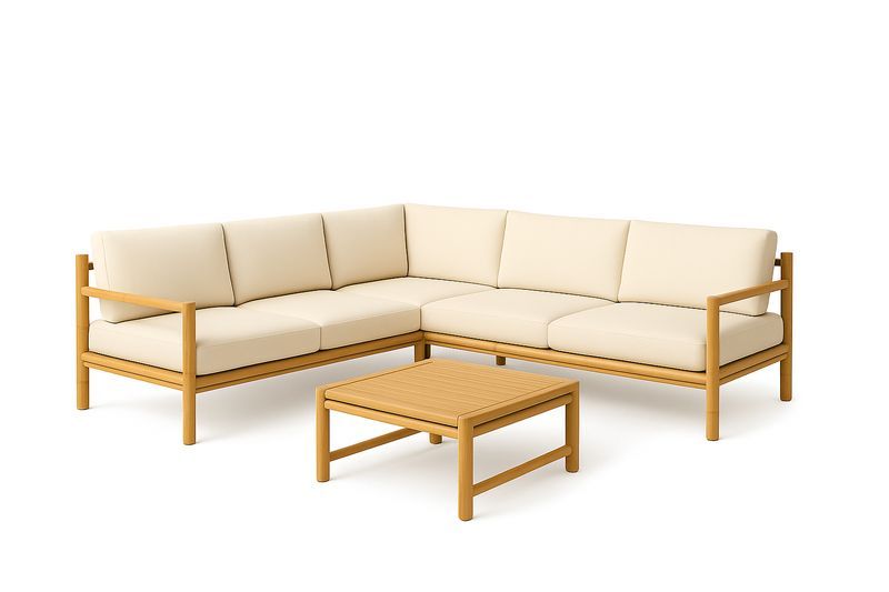 Set Divano Angolare da Giardino in Legno con Tavolino e Cuscini Crema