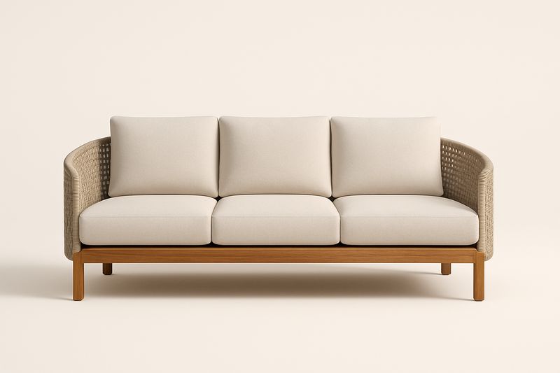 Divano a Tre Posti Rattan e Legno con Rivestimento Tessuto Beige