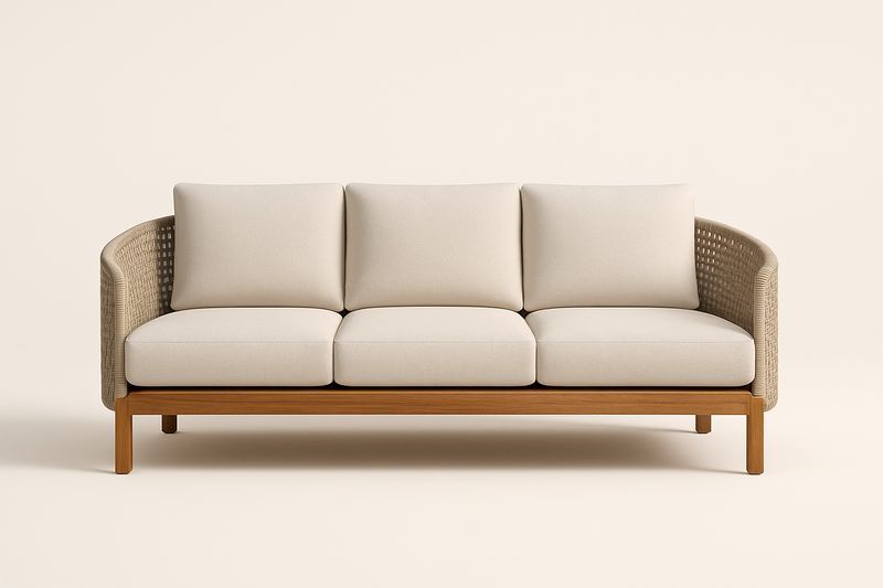 Divano a Tre Posti Rattan e Legno con Rivestimento Tessuto Beige