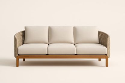 Divano a Tre Posti Rattan e Legno con Rivestimento Tessuto Beige