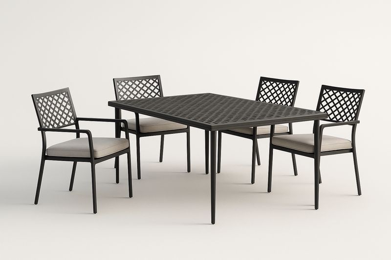 Set tavolo e sedie da esterno in alluminio nero con cuscini beige