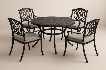 Set tavolo rotondo e sedie in alluminio nero con seduta imbottita grigia