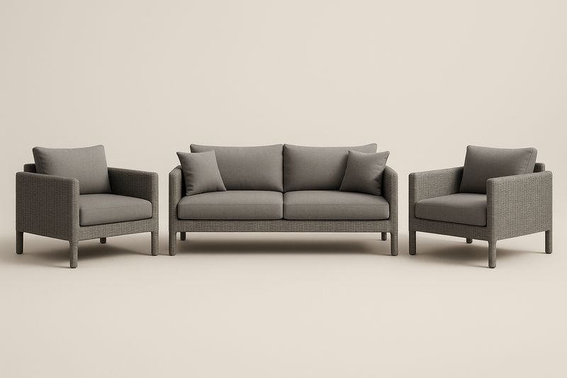 Set Divano e Poltrone in Rattan Sintetico Grigio con Cuscini in Tessuto Grigio