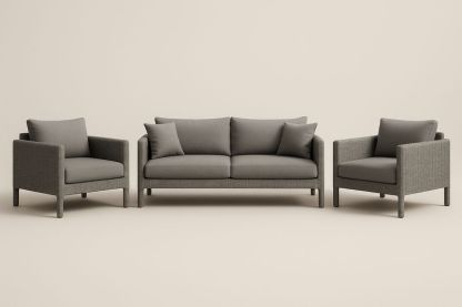 Set Divano e Poltrone in Rattan Sintetico Grigio con Cuscini in Tessuto Grigio