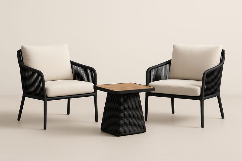 Set da Giardino 2 Poltrone in Alluminio e Rattan Sintetico con Tavolino in Teak Nero Crema